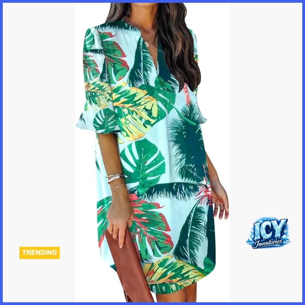 Polyester V-Neck Ruffle Shift Dress For Casual Summer Wear